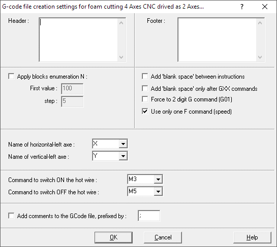 G-code file creation settings for foam cutting 2 axis CNC